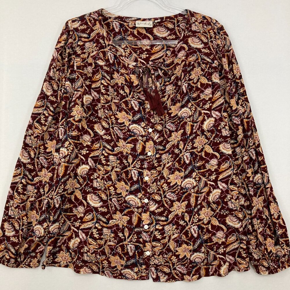 Wonderly size XL Brown‎ Floral Tie Front Ultra Soft Rayon Cottagecore Button Up